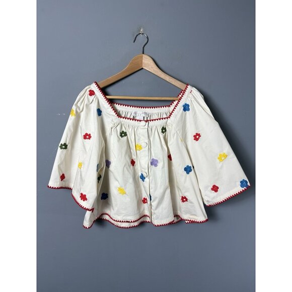 CAROLINE CONSTAS Womens L Ivory Floral Embroidered Flowy Cropped Blouse Top - Picture 1 of 7